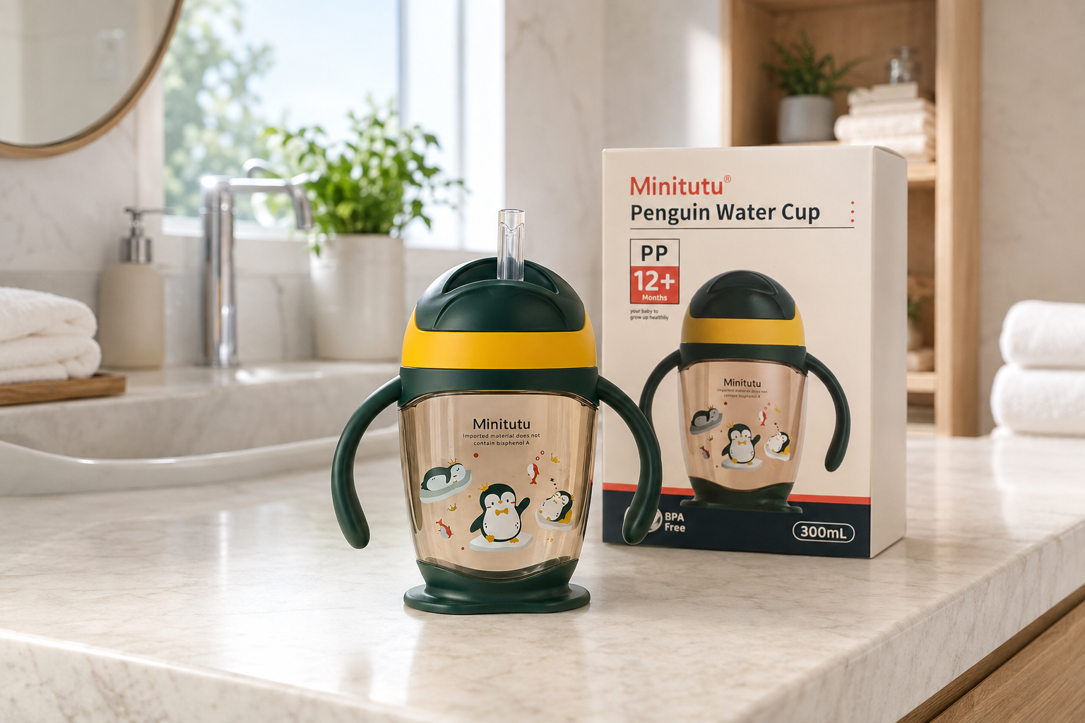 Minitutu Penguin Water Cup 300ml for 12+ Months | BPA-Free PP Baby Training Cup with Dual Handles | CB813-1
